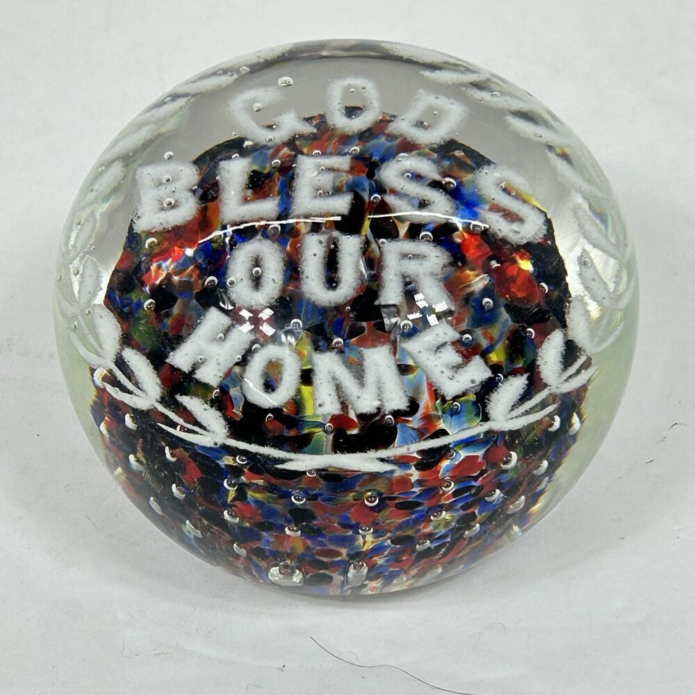 Vintage Art Glass Paperweight God Bless Our Home Frit Confetti Motto Colorful